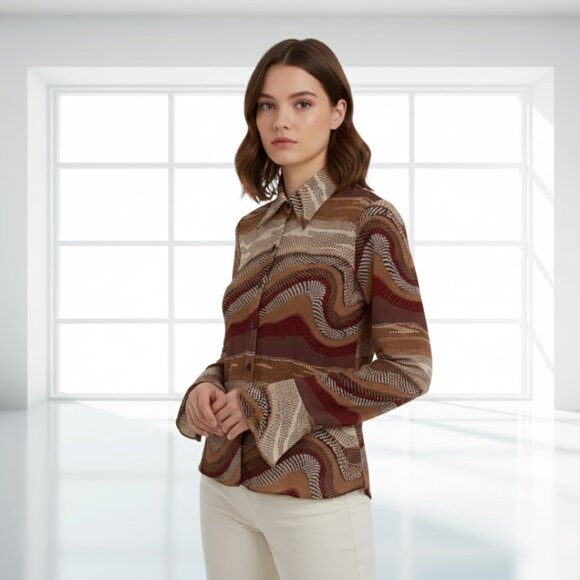 Retro Chic 70s Disco Shirt Heart Soul Bell Sleeve Brown Neutral Mod Knit Small - Picture 1 of 12